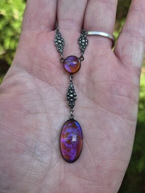 Art Deco Sterling Silver Dragon's Breath Czech Glass Necklace 18"